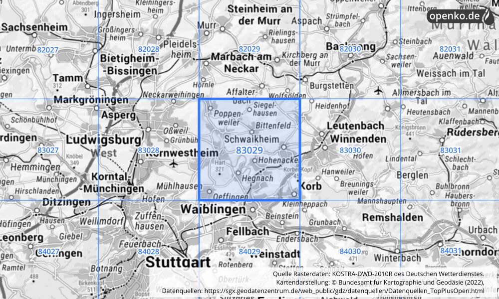 Übersichtskarte KOSTRA-DWD-2010R Rasterfeld Nr. 83029 mit angrenzenden Feldern