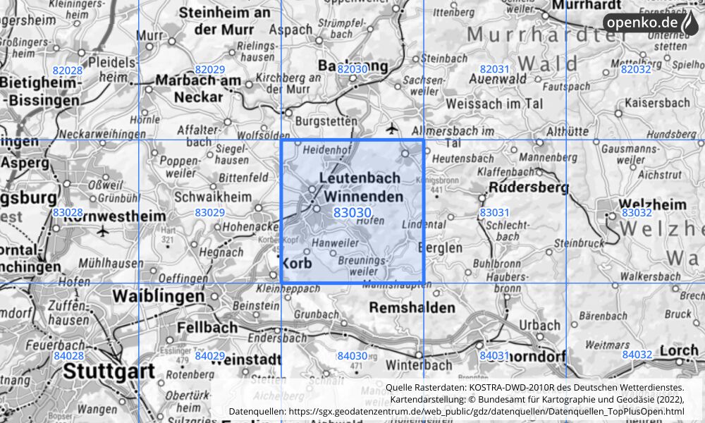 Übersichtskarte KOSTRA-DWD-2010R Rasterfeld Nr. 83030 mit angrenzenden Feldern