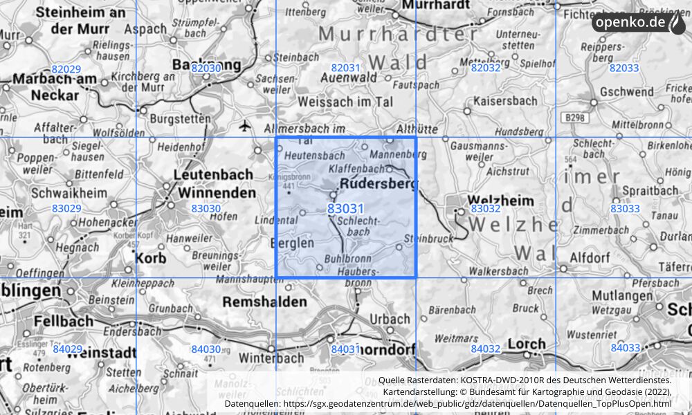 Übersichtskarte KOSTRA-DWD-2010R Rasterfeld Nr. 83031 mit angrenzenden Feldern