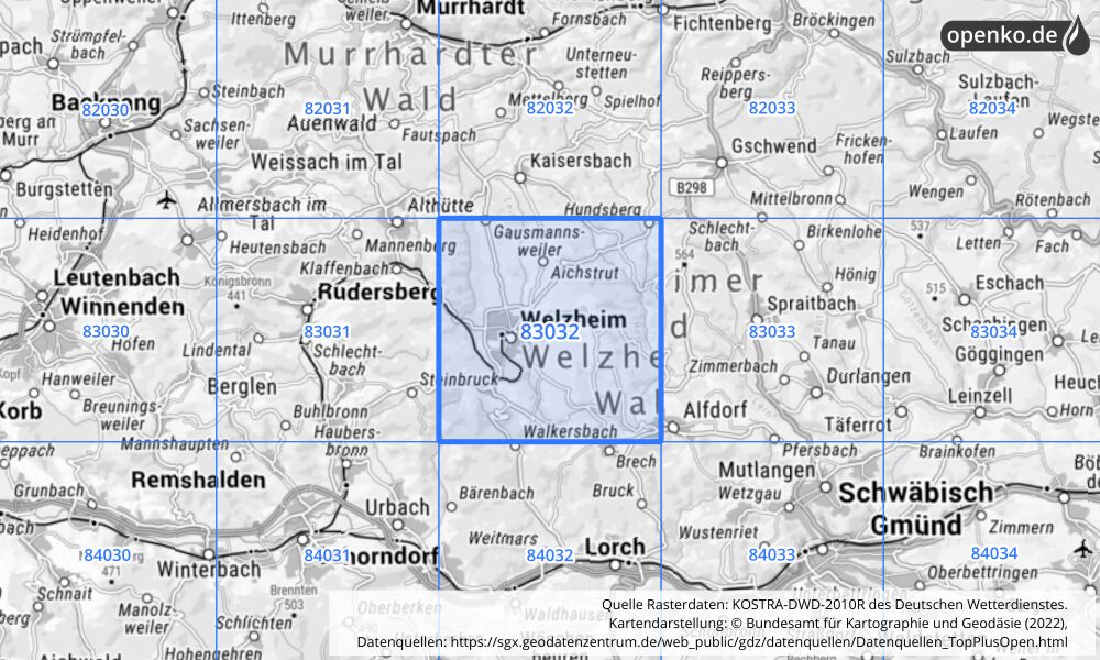 Übersichtskarte KOSTRA-DWD-2010R Rasterfeld Nr. 83032 mit angrenzenden Feldern