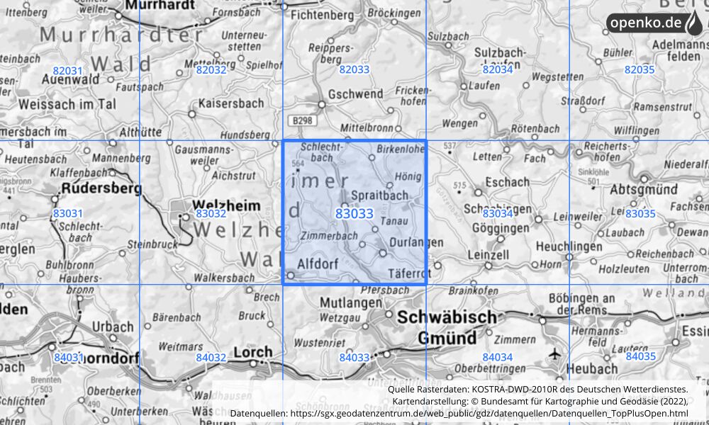 Übersichtskarte KOSTRA-DWD-2010R Rasterfeld Nr. 83033 mit angrenzenden Feldern