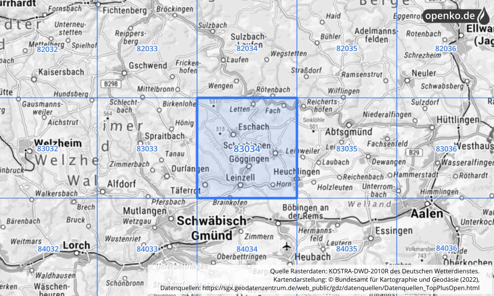 Übersichtskarte KOSTRA-DWD-2010R Rasterfeld Nr. 83034 mit angrenzenden Feldern