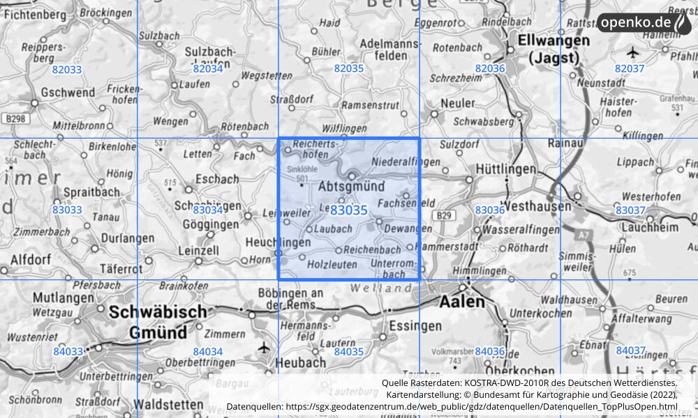 Übersichtskarte KOSTRA-DWD-2010R Rasterfeld Nr. 83035 mit angrenzenden Feldern