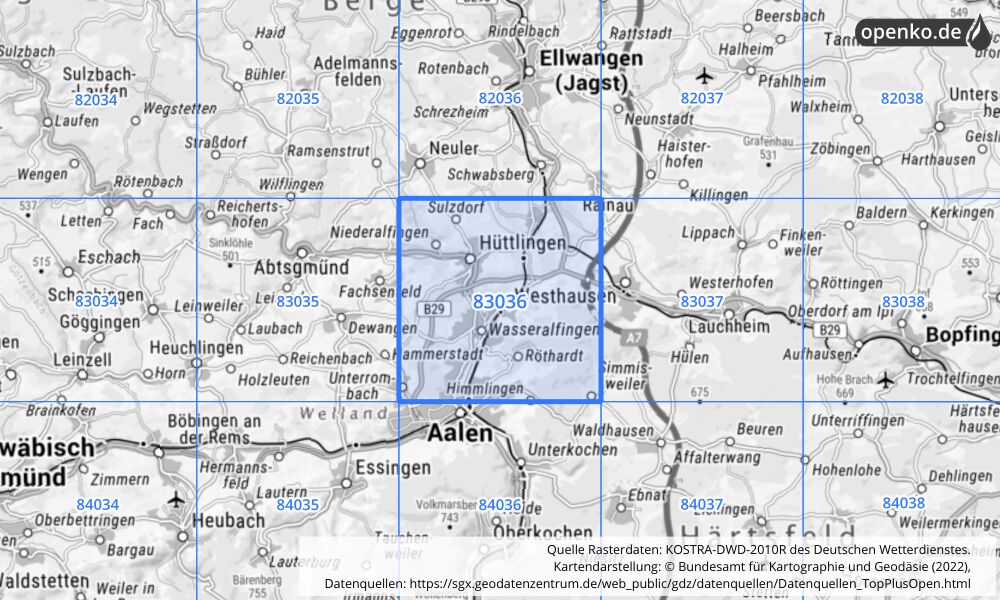 Übersichtskarte KOSTRA-DWD-2010R Rasterfeld Nr. 83036 mit angrenzenden Feldern