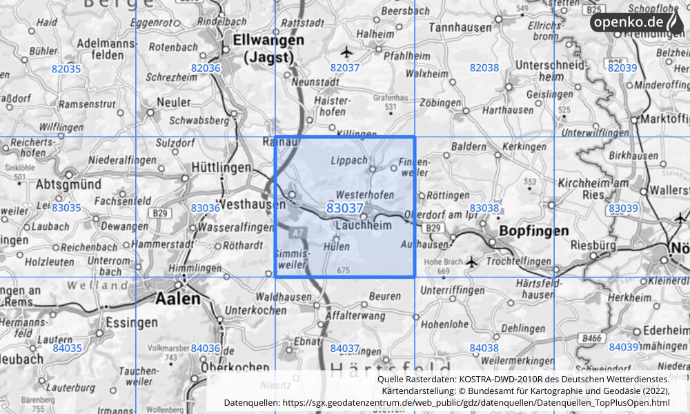 Übersichtskarte KOSTRA-DWD-2010R Rasterfeld Nr. 83037 mit angrenzenden Feldern