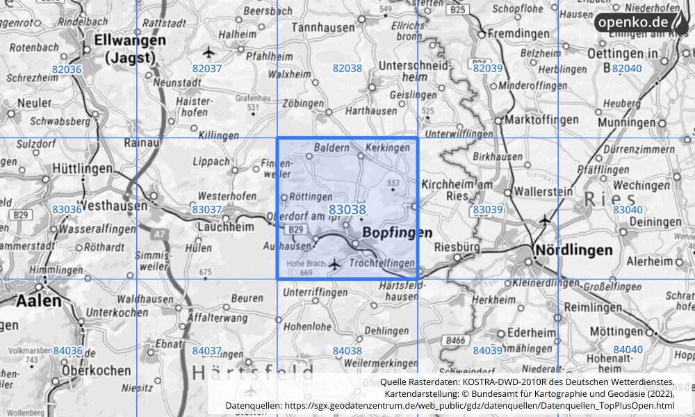 Übersichtskarte KOSTRA-DWD-2010R Rasterfeld Nr. 83038 mit angrenzenden Feldern