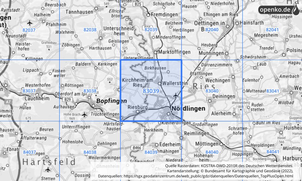 Übersichtskarte KOSTRA-DWD-2010R Rasterfeld Nr. 83039 mit angrenzenden Feldern