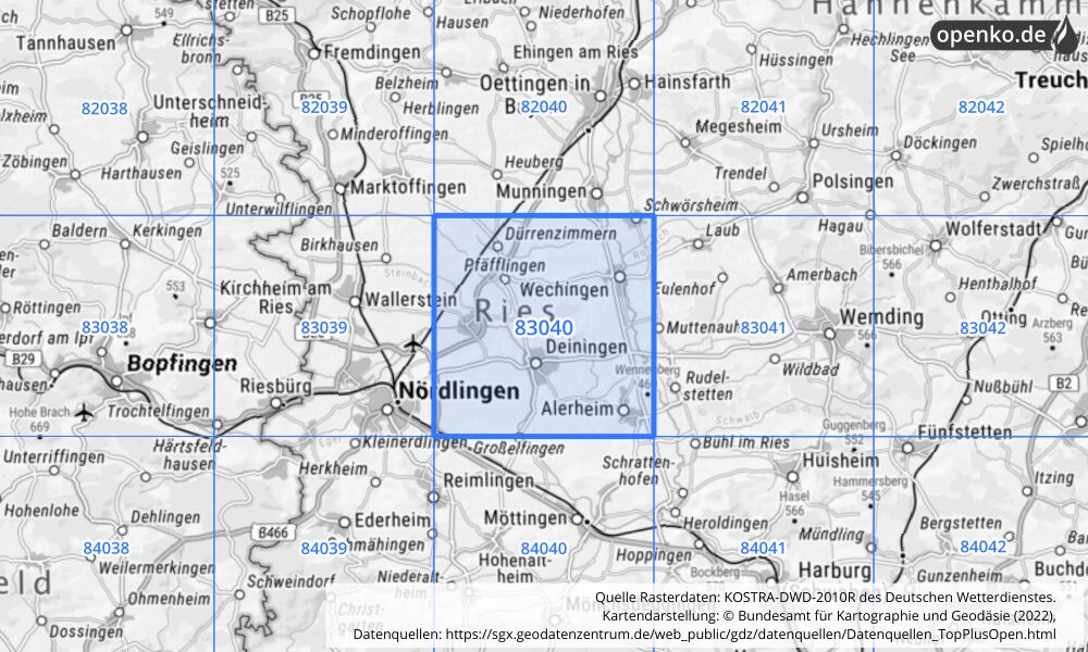 Übersichtskarte KOSTRA-DWD-2010R Rasterfeld Nr. 83040 mit angrenzenden Feldern