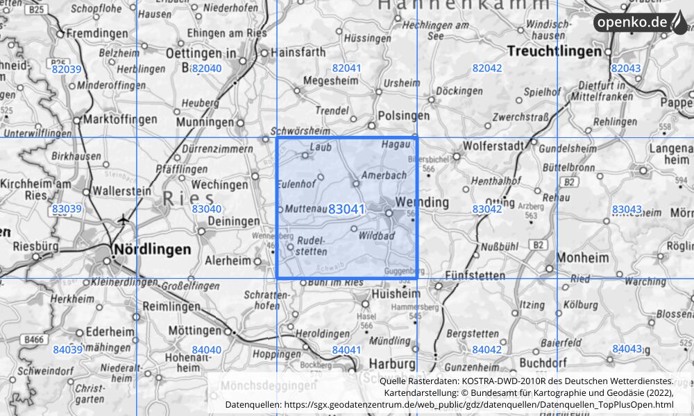 Übersichtskarte KOSTRA-DWD-2010R Rasterfeld Nr. 83041 mit angrenzenden Feldern