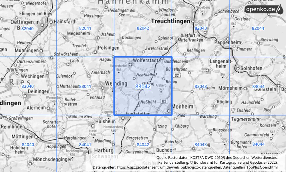 Übersichtskarte KOSTRA-DWD-2010R Rasterfeld Nr. 83042 mit angrenzenden Feldern