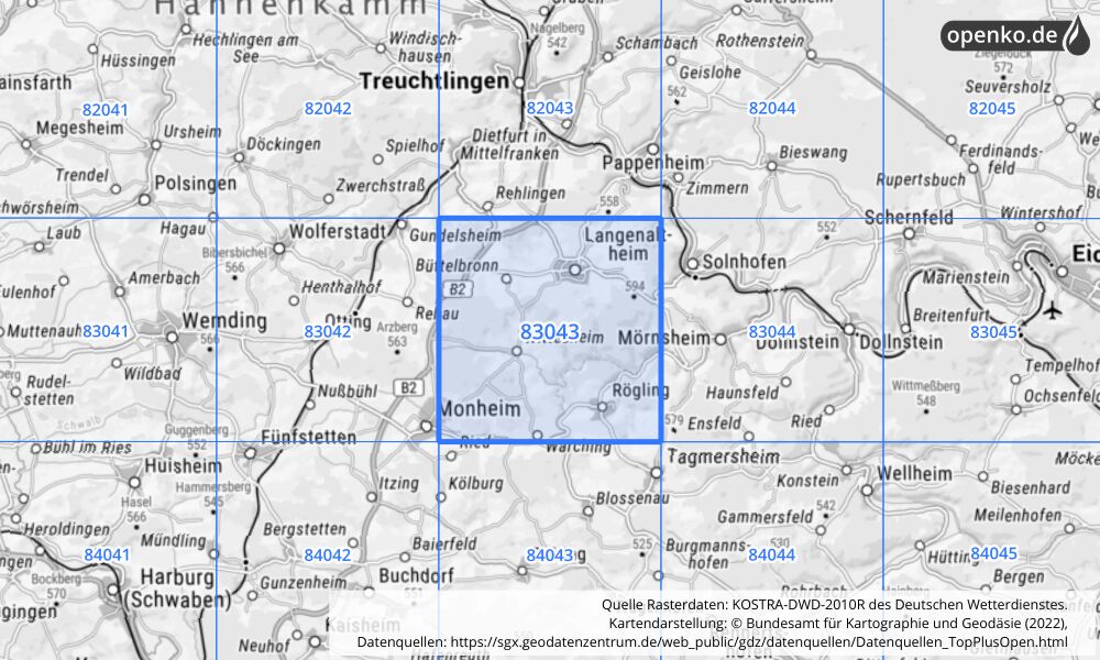 Übersichtskarte KOSTRA-DWD-2010R Rasterfeld Nr. 83043 mit angrenzenden Feldern