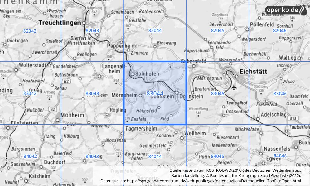 Übersichtskarte KOSTRA-DWD-2010R Rasterfeld Nr. 83044 mit angrenzenden Feldern