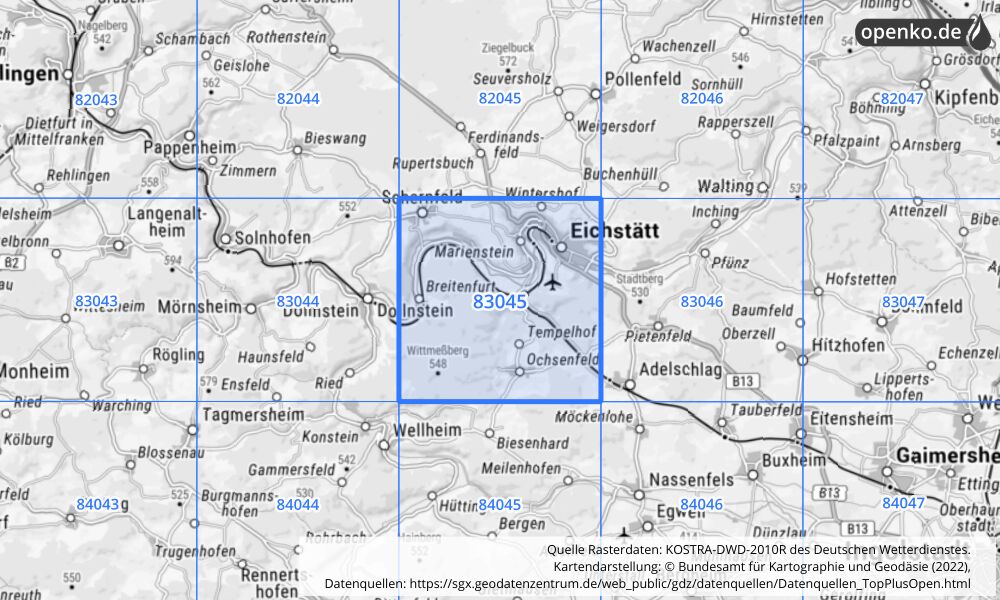 Übersichtskarte KOSTRA-DWD-2010R Rasterfeld Nr. 83045 mit angrenzenden Feldern