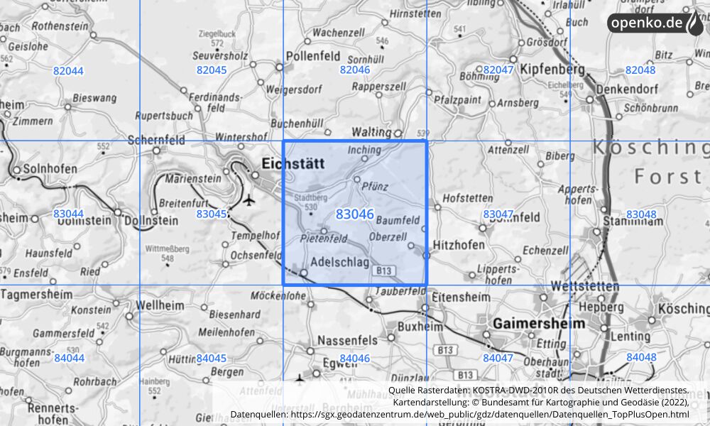 Übersichtskarte KOSTRA-DWD-2010R Rasterfeld Nr. 83046 mit angrenzenden Feldern