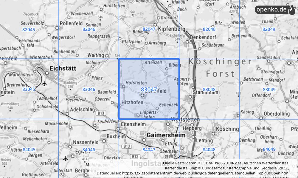 Übersichtskarte KOSTRA-DWD-2010R Rasterfeld Nr. 83047 mit angrenzenden Feldern