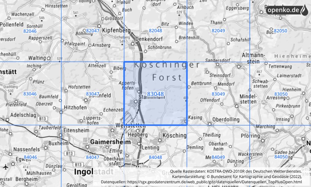 Übersichtskarte KOSTRA-DWD-2010R Rasterfeld Nr. 83048 mit angrenzenden Feldern