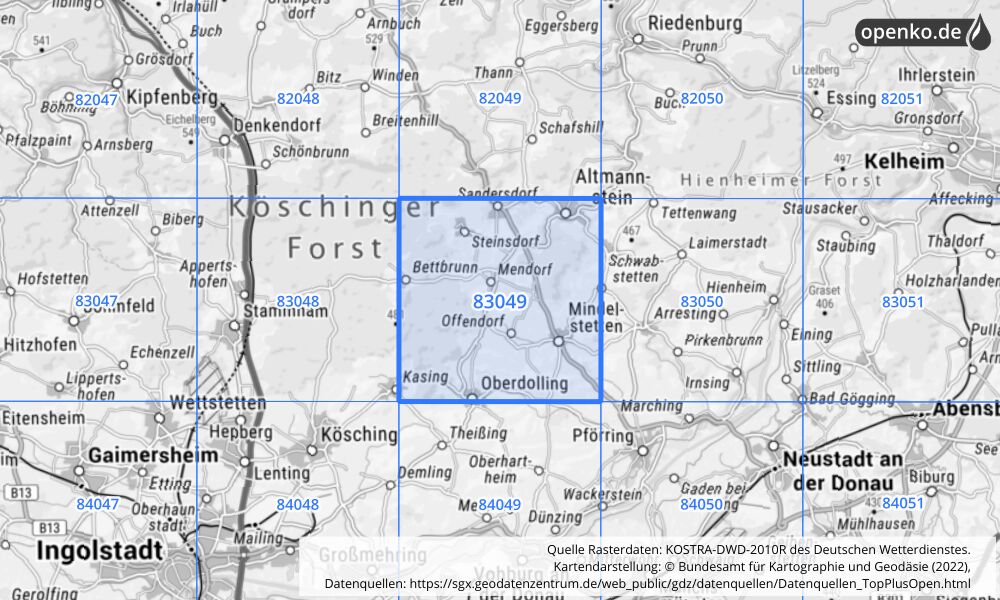 Übersichtskarte KOSTRA-DWD-2010R Rasterfeld Nr. 83049 mit angrenzenden Feldern