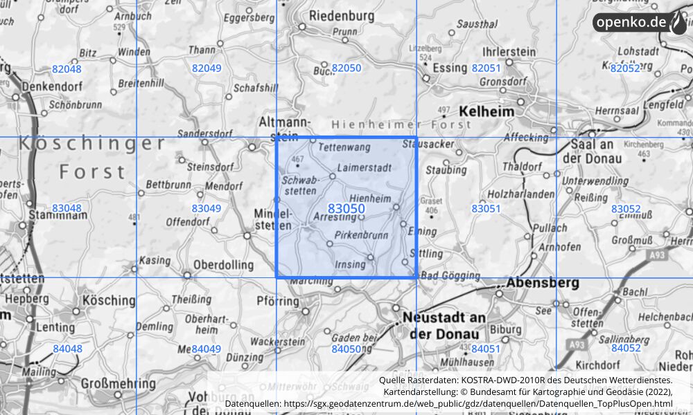 Übersichtskarte KOSTRA-DWD-2010R Rasterfeld Nr. 83050 mit angrenzenden Feldern