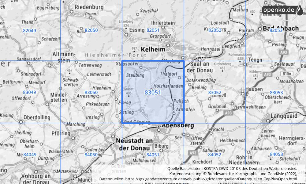 Übersichtskarte KOSTRA-DWD-2010R Rasterfeld Nr. 83051 mit angrenzenden Feldern