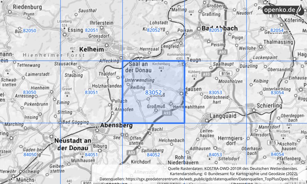 Übersichtskarte KOSTRA-DWD-2010R Rasterfeld Nr. 83052 mit angrenzenden Feldern