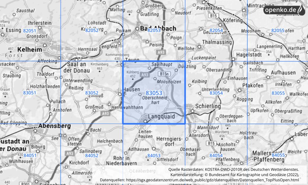 Übersichtskarte KOSTRA-DWD-2010R Rasterfeld Nr. 83053 mit angrenzenden Feldern