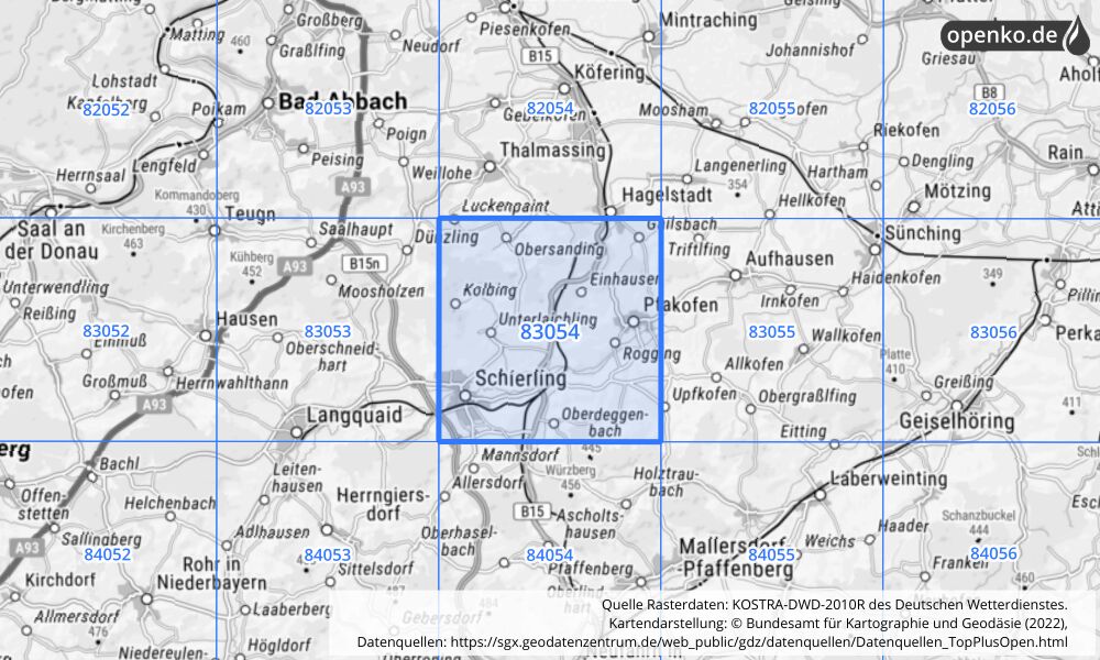 Übersichtskarte KOSTRA-DWD-2010R Rasterfeld Nr. 83054 mit angrenzenden Feldern