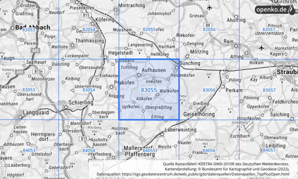 Übersichtskarte KOSTRA-DWD-2010R Rasterfeld Nr. 83055 mit angrenzenden Feldern
