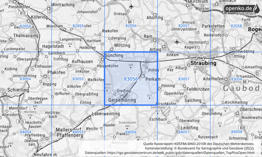 Übersichtskarte KOSTRA-DWD-2010R Rasterfeld Nr. 83056 mit angrenzenden Feldern