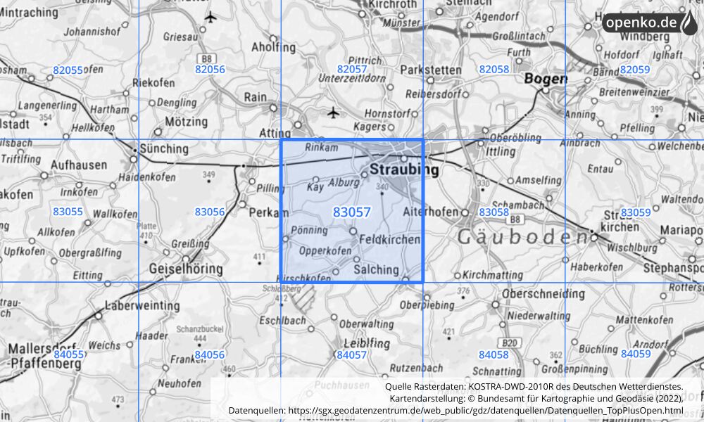 Übersichtskarte KOSTRA-DWD-2010R Rasterfeld Nr. 83057 mit angrenzenden Feldern