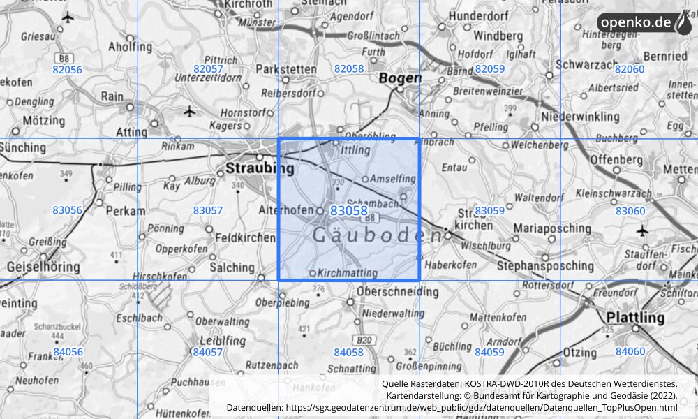 Übersichtskarte KOSTRA-DWD-2010R Rasterfeld Nr. 83058 mit angrenzenden Feldern