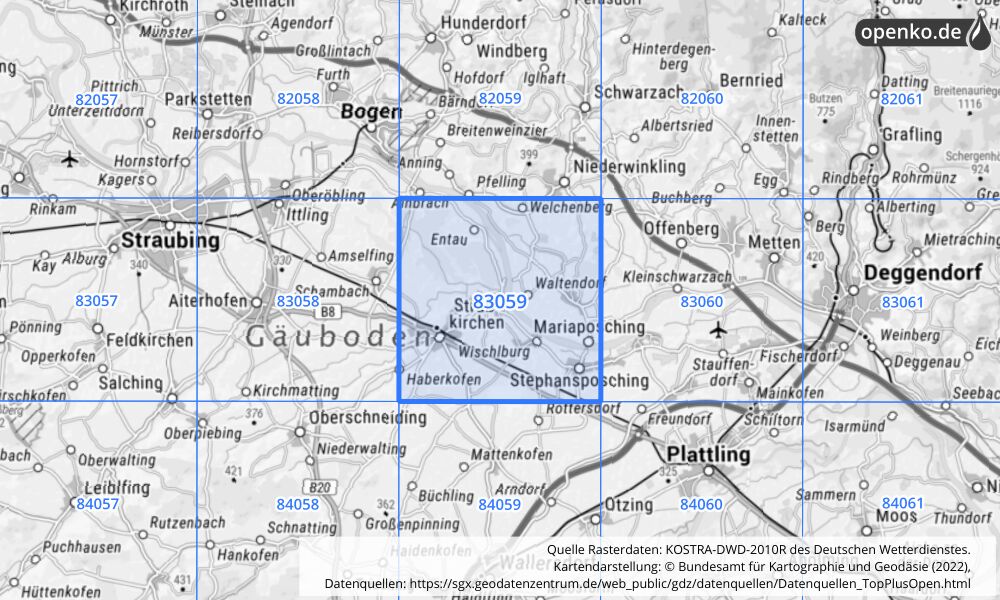 Übersichtskarte KOSTRA-DWD-2010R Rasterfeld Nr. 83059 mit angrenzenden Feldern