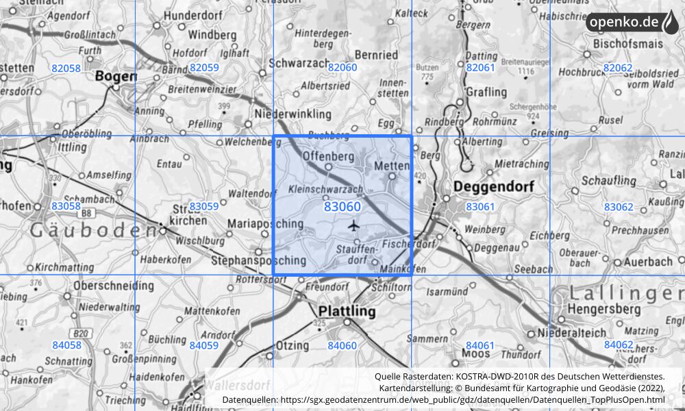 Übersichtskarte KOSTRA-DWD-2010R Rasterfeld Nr. 83060 mit angrenzenden Feldern