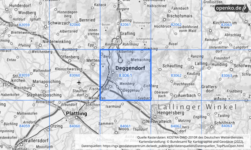 Übersichtskarte KOSTRA-DWD-2010R Rasterfeld Nr. 83061 mit angrenzenden Feldern