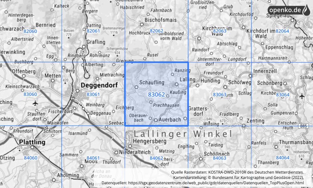 Übersichtskarte KOSTRA-DWD-2010R Rasterfeld Nr. 83062 mit angrenzenden Feldern