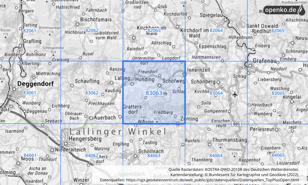 Übersichtskarte KOSTRA-DWD-2010R Rasterfeld Nr. 83063 mit angrenzenden Feldern