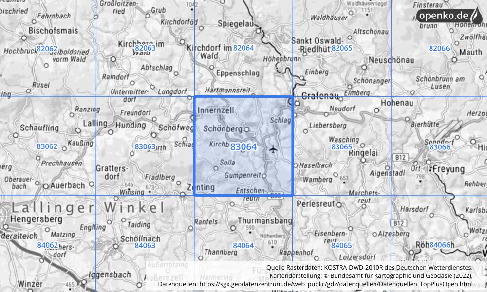 Übersichtskarte KOSTRA-DWD-2010R Rasterfeld Nr. 83064 mit angrenzenden Feldern