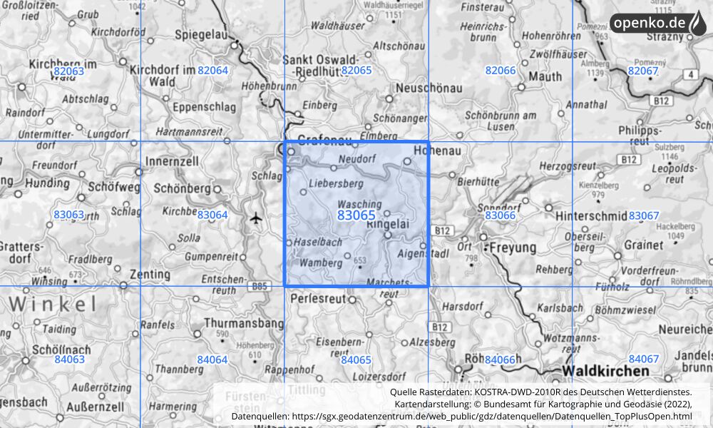 Übersichtskarte KOSTRA-DWD-2010R Rasterfeld Nr. 83065 mit angrenzenden Feldern