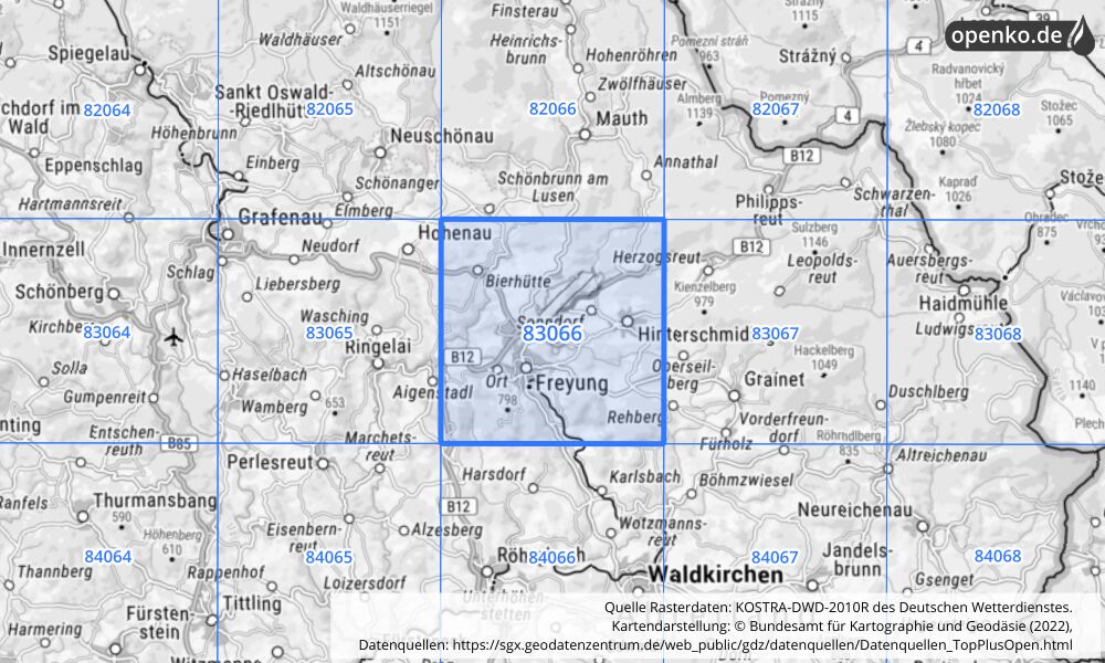 Übersichtskarte KOSTRA-DWD-2010R Rasterfeld Nr. 83066 mit angrenzenden Feldern