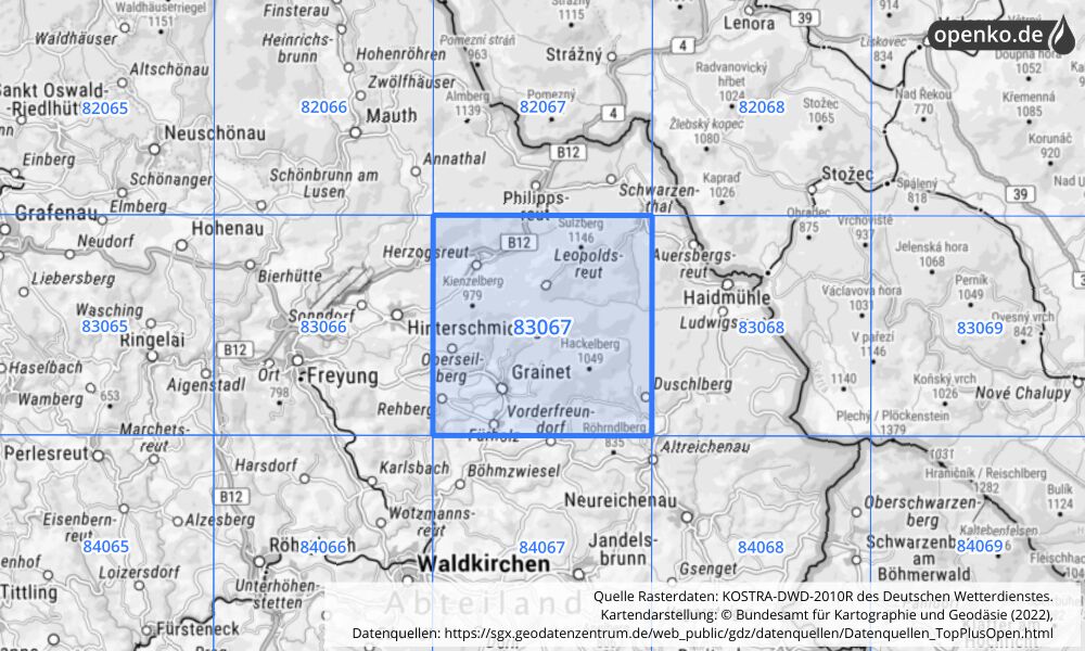 Übersichtskarte KOSTRA-DWD-2010R Rasterfeld Nr. 83067 mit angrenzenden Feldern