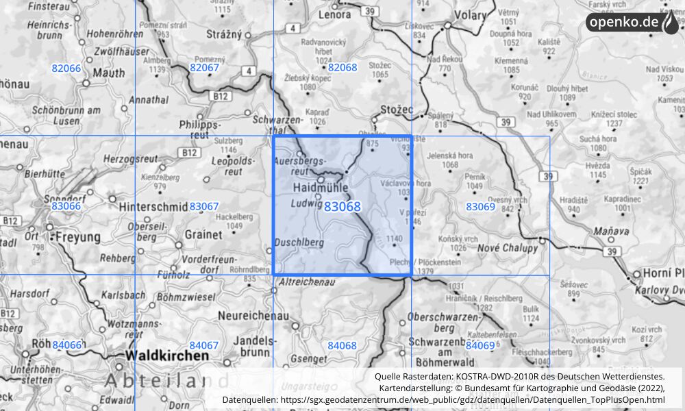 Übersichtskarte KOSTRA-DWD-2010R Rasterfeld Nr. 83068 mit angrenzenden Feldern