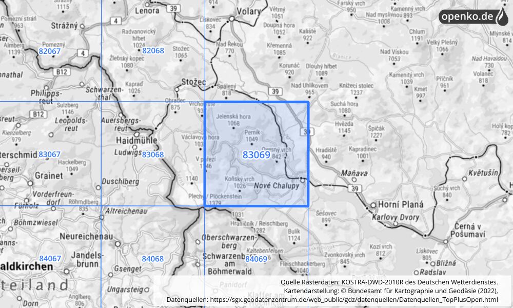 Übersichtskarte KOSTRA-DWD-2010R Rasterfeld Nr. 83069 mit angrenzenden Feldern