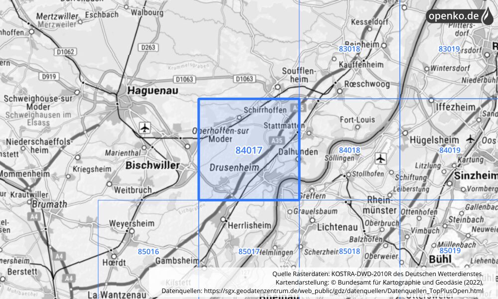 Übersichtskarte KOSTRA-DWD-2010R Rasterfeld Nr. 84017 mit angrenzenden Feldern