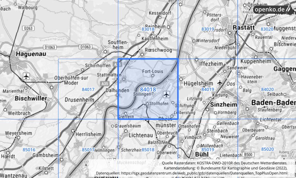 Übersichtskarte KOSTRA-DWD-2010R Rasterfeld Nr. 84018 mit angrenzenden Feldern