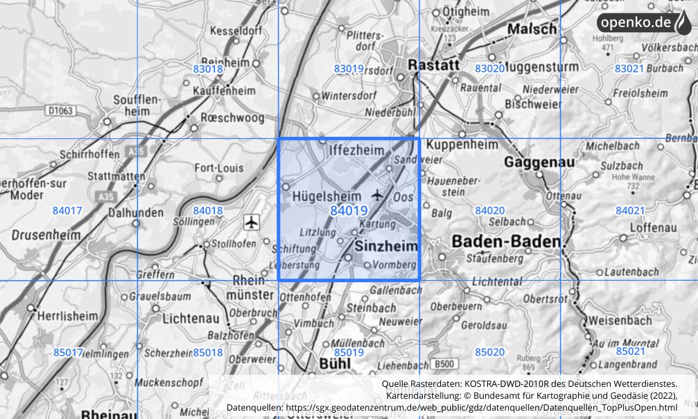 Übersichtskarte KOSTRA-DWD-2010R Rasterfeld Nr. 84019 mit angrenzenden Feldern