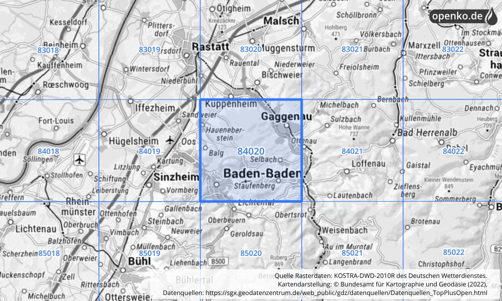 Übersichtskarte KOSTRA-DWD-2010R Rasterfeld Nr. 84020 mit angrenzenden Feldern