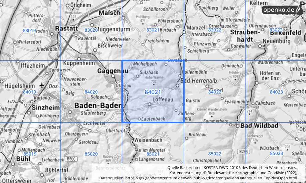 Übersichtskarte KOSTRA-DWD-2010R Rasterfeld Nr. 84021 mit angrenzenden Feldern