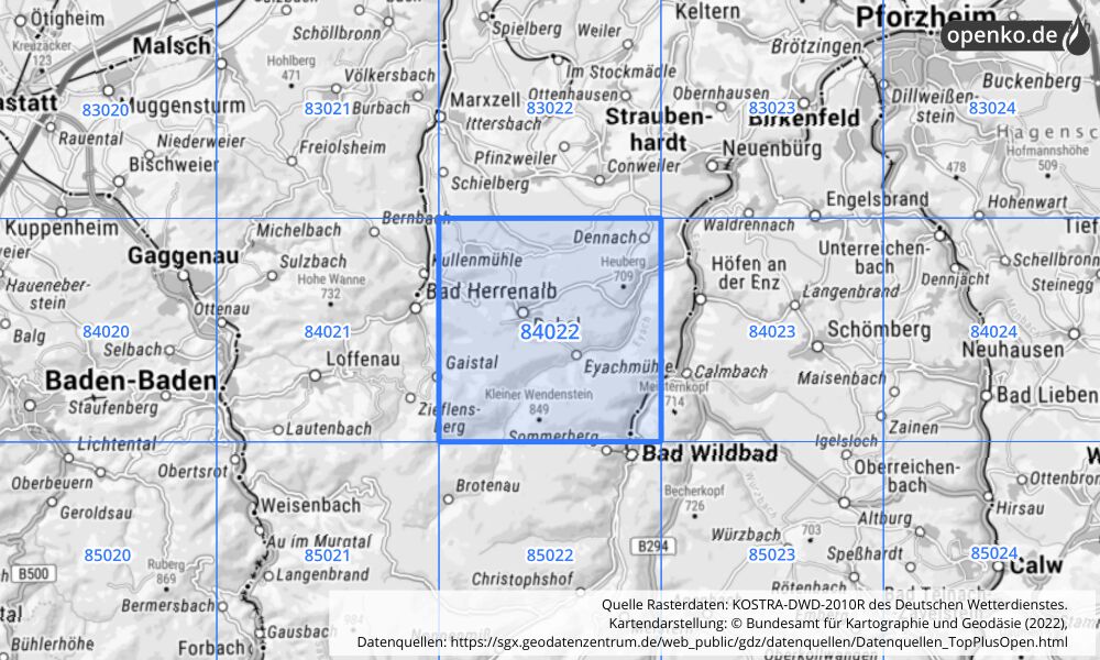 Übersichtskarte KOSTRA-DWD-2010R Rasterfeld Nr. 84022 mit angrenzenden Feldern