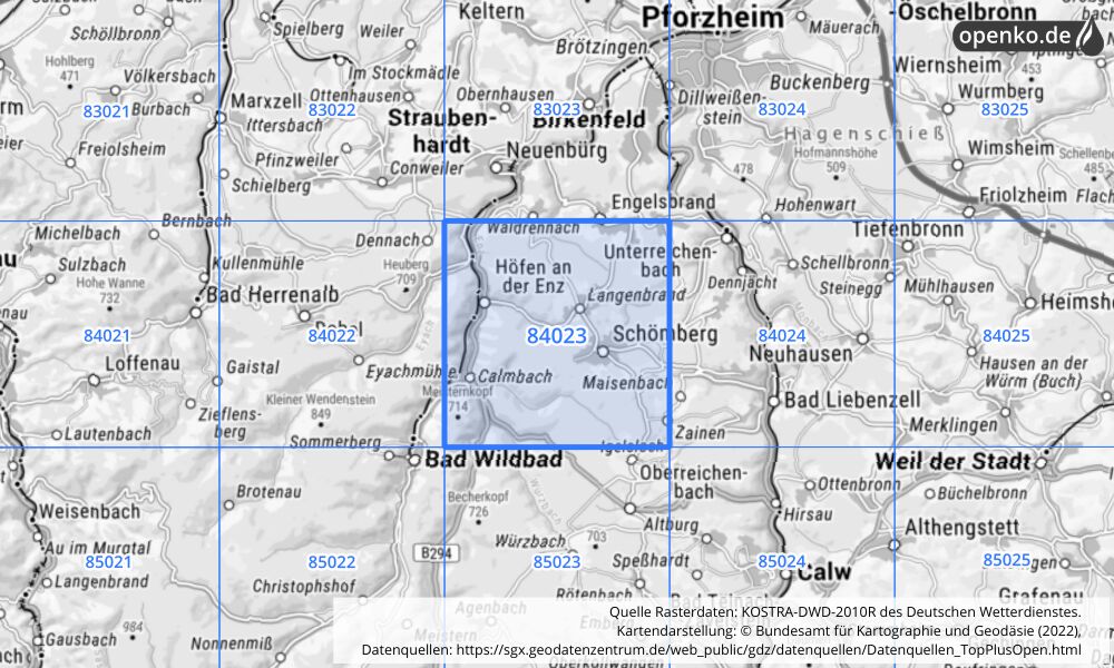 Übersichtskarte KOSTRA-DWD-2010R Rasterfeld Nr. 84023 mit angrenzenden Feldern