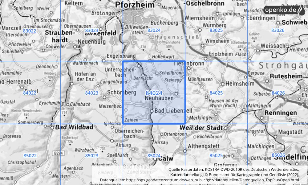 Übersichtskarte KOSTRA-DWD-2010R Rasterfeld Nr. 84024 mit angrenzenden Feldern