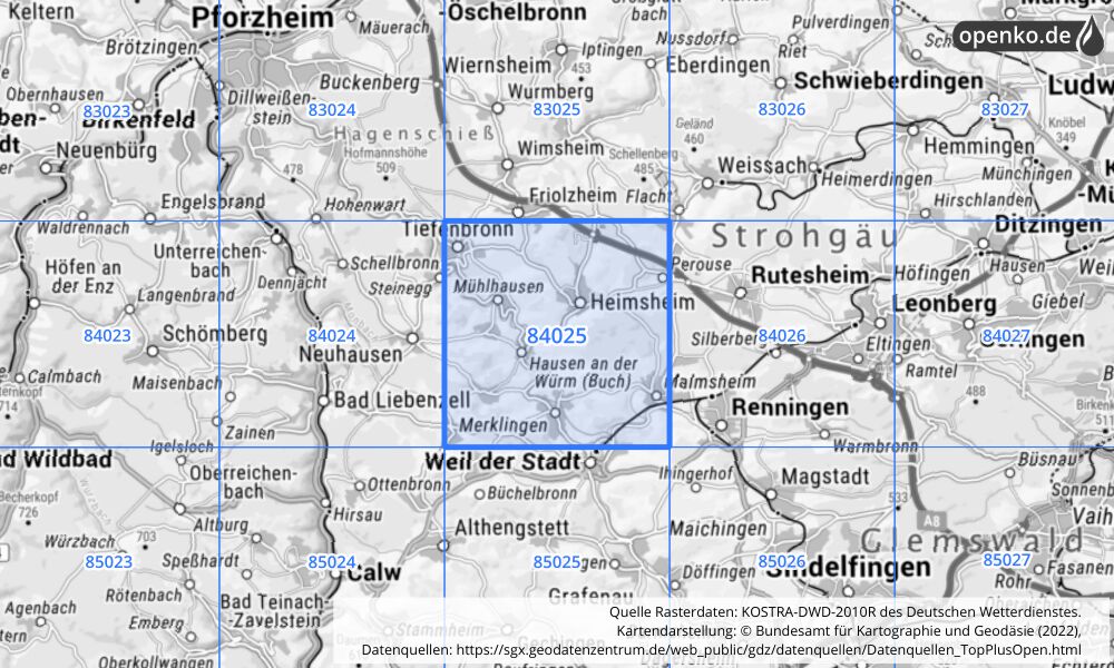 Übersichtskarte KOSTRA-DWD-2010R Rasterfeld Nr. 84025 mit angrenzenden Feldern